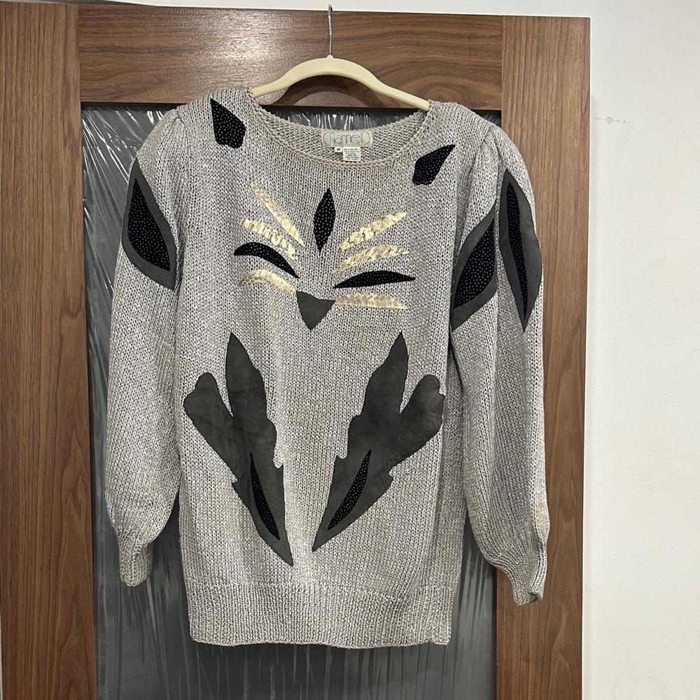 Dannella Grey Crewneck Sweater with Black & Gold Accents - Women